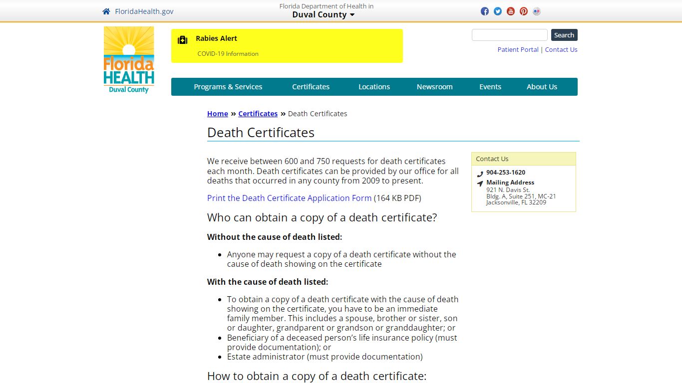 Death Certificates | Florida Department of Health in Duval